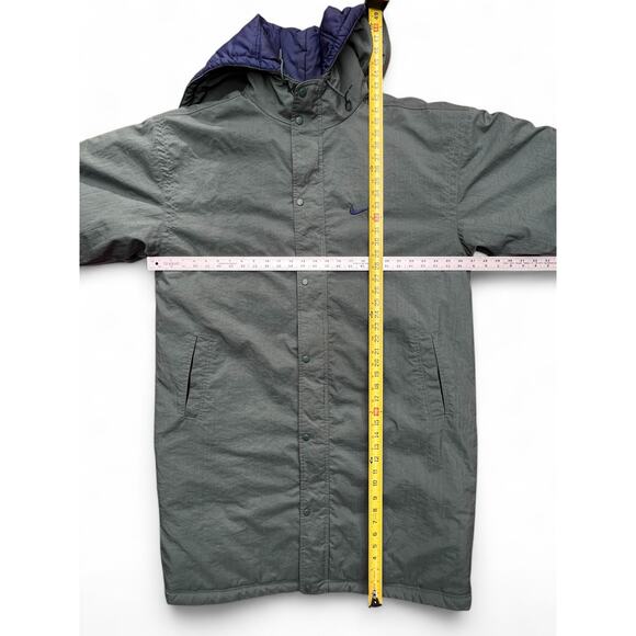 Vintage Nike Swoosh Split Hooded Long Puffer Jacket Parka Coat Green Navy L 90s - Picture 13 of 15